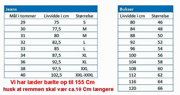 Kerne læder Skema størrelser